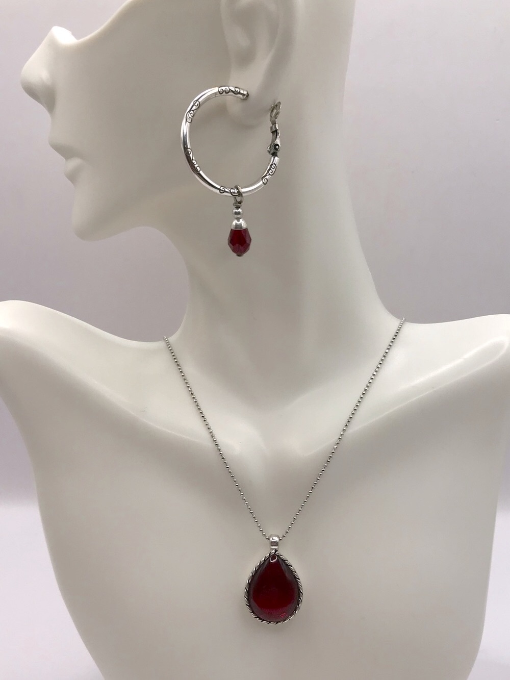 Silver-Tone Necklace with Red Teardrop Pendant & Earrings
